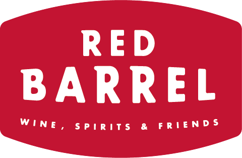 red barrel wine spirits and friends logo - white lettering on a red background in the shape of a barrel